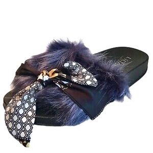 Liliana Womens Faux Fur‎ Slides Slippers Size 6.5 Blue Slip On Casual Sandals